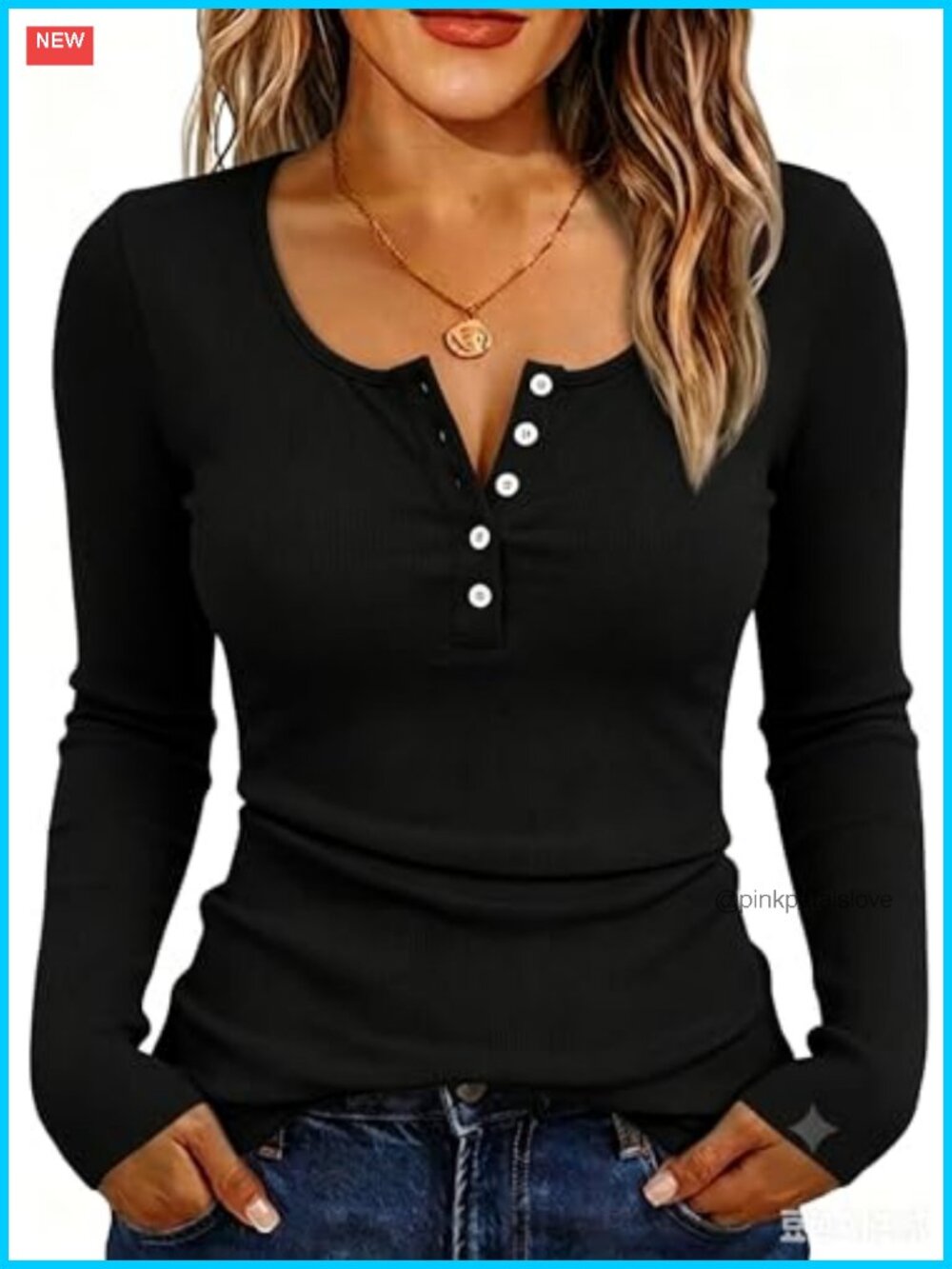 Ribbed Long Sleeve Henley Top Slim Fit Button Down Women's Fall Shirt